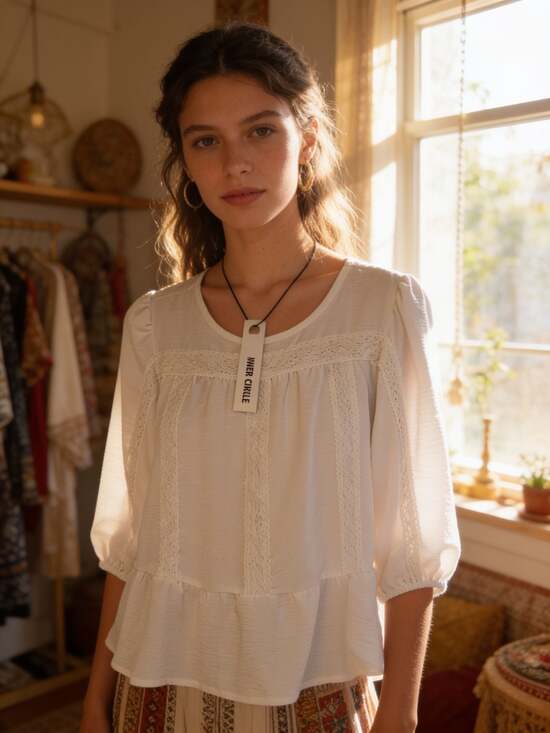 Inner Circle Tops - Inner Circle White Lace-Trim Peplum Blouse with 3/4 Puff Sleeves